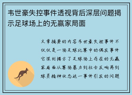 韦世豪失控事件透视背后深层问题揭示足球场上的无赢家局面