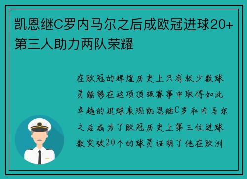 凯恩继C罗内马尔之后成欧冠进球20+第三人助力两队荣耀